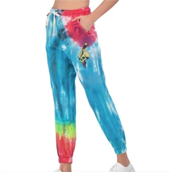 NWT ED HARDY Skull Dagger Blue Yellow Red Tie Dye Jogger Pants Size Small - Picture 1 of 10